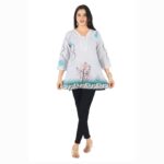 LOR White Lilan Cotton V-Neck Short Top in Digital Print Design