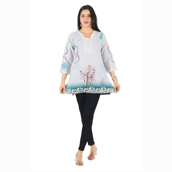 LOR White Lilan Cotton V-Neck Short Top in Digital Print Design
