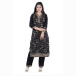 LOR Black Printed with Embroidered V-Neck Kurta with Bottomwear in Roman Silk Fabric
