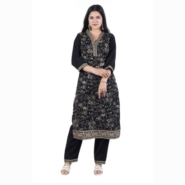 LOR Black Printed with Embroidered V-Neck Kurta with Bottomwear in Roman Silk Fabric