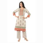 Printed Kurta and Pants Set in White Flex Cotton – A-Line Cut & Round Neck (Super Hit – Must Buy)