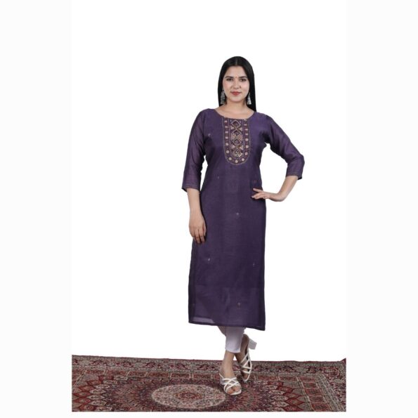 LOR Fashion Purple Embroidered A-Line Kurti in Simmer Silk Fabric